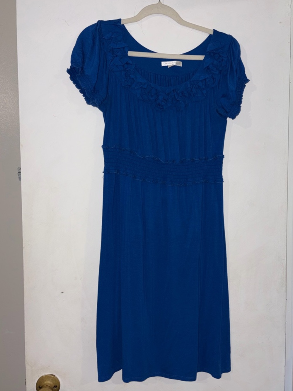 London Times Royal Blue Ruffle-Trim Scoop Neck Midi Dress